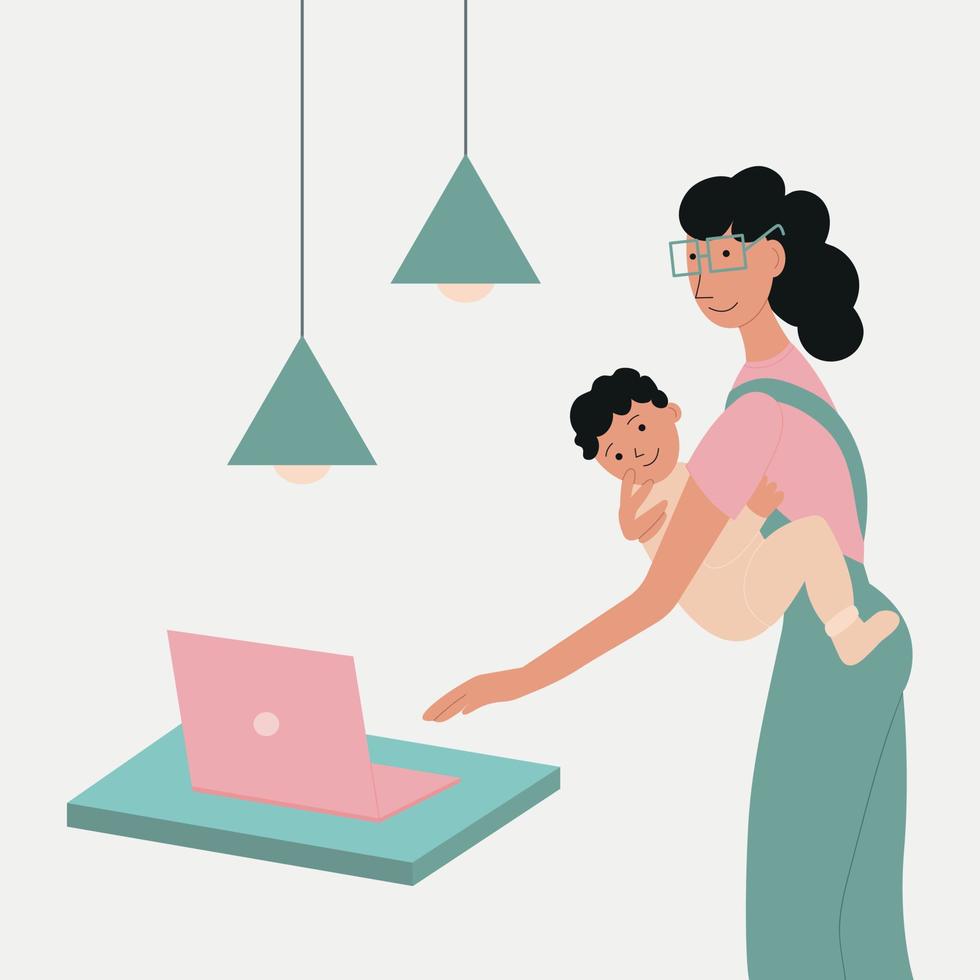 exitosa mujer de negocios con un niño pequeño en el trabajo. mujer de negocios feliz trabajando con un niño recién nacido. ilustración vectorial de dibujos animados plana. vector