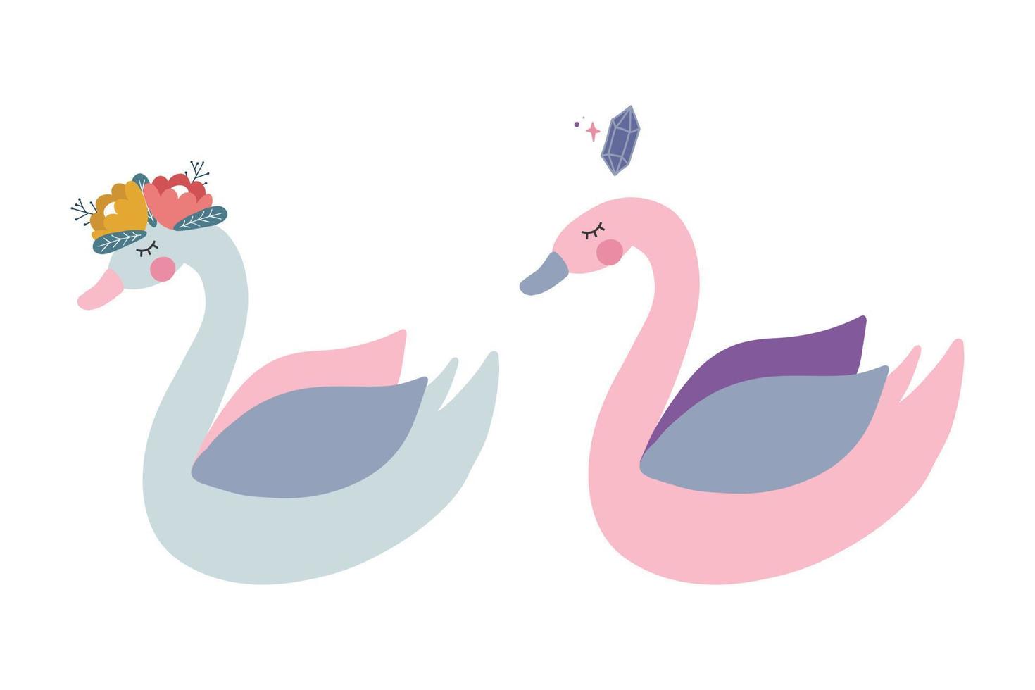 Cute swans in cartoon style on a white background. Vector illustration with a beautiful birds.