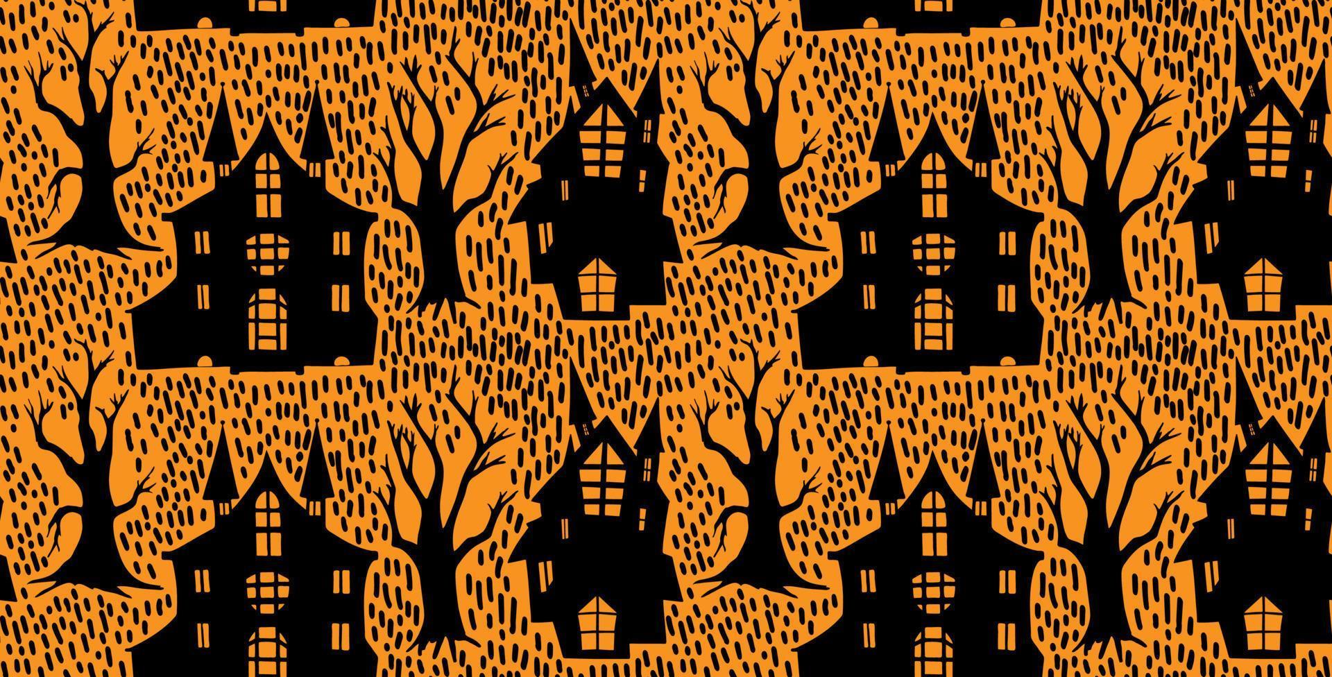 patrones sin fisuras de halloween. paisaje aterrador con árbol y casa .eps vector