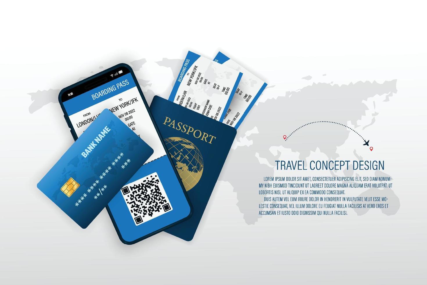 Vector travel holiday. Boarding pass airplane ticket, passport, smart phone and credit card.
