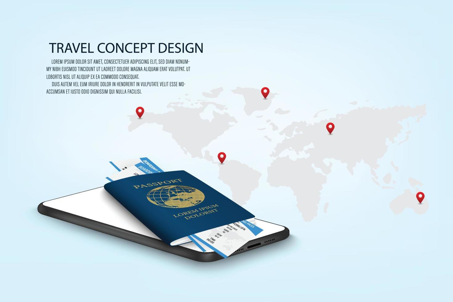 Vector travel planning, Passport, Airplane ticket and word map.