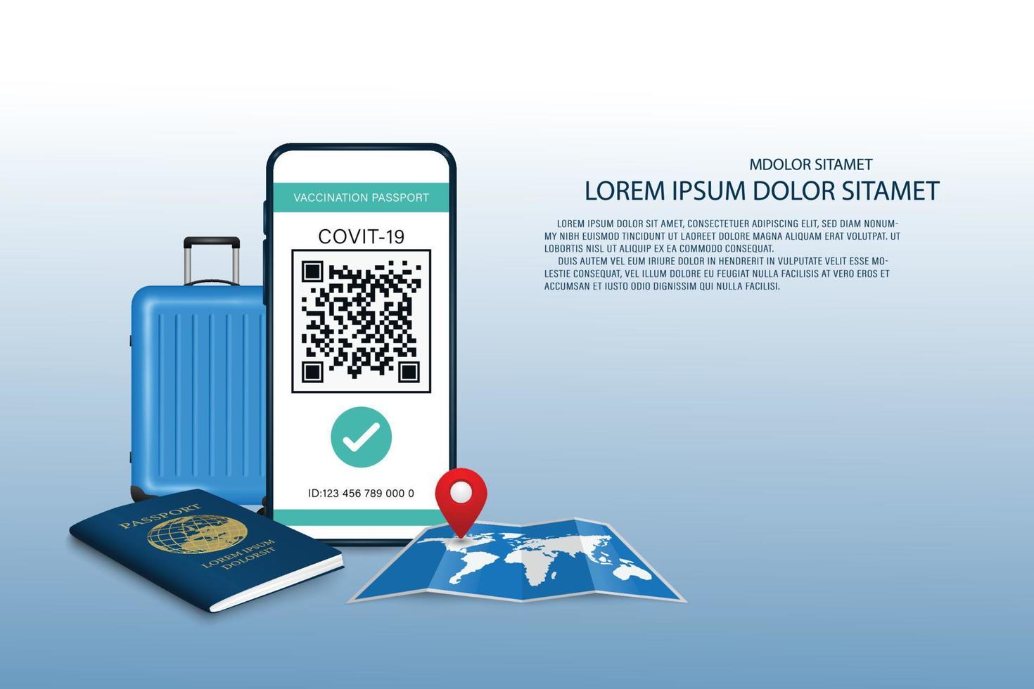 concepto de pasaporte de corazón en línea vectorial. certificado digital vacuna covic-19 con código qr. documentos de viaje. teléfono inteligente, mapa mundial, equipaje azul y reserva de pasaporte. vector