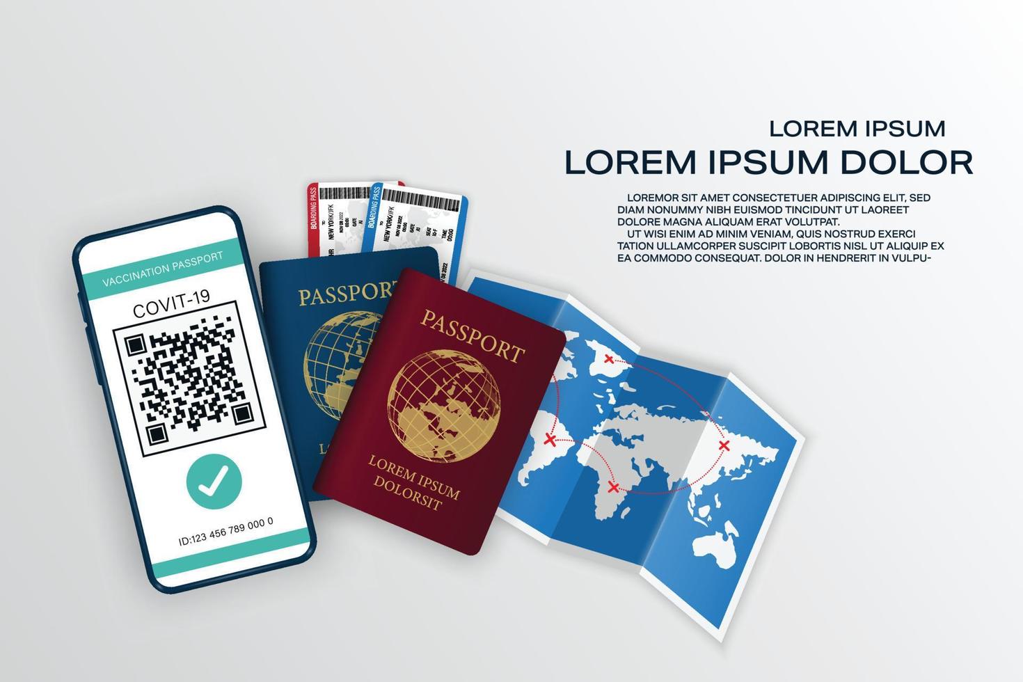 Vector Digital certificate vaccine Covic-19 with QR code. Online heart passsport concept. Save travel documents. Smartphone, World map, Airplane ticket and passport booking.
