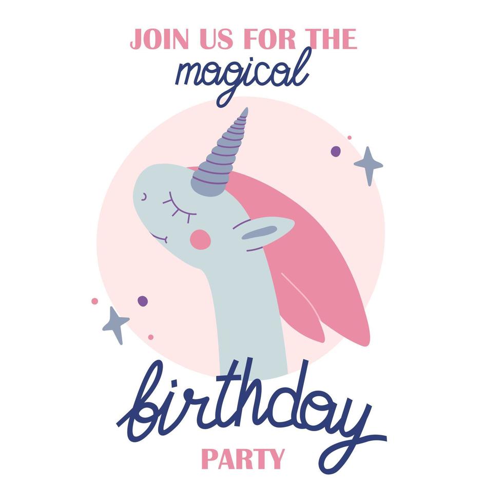 Birthday party invitation with baby unicorn. vector