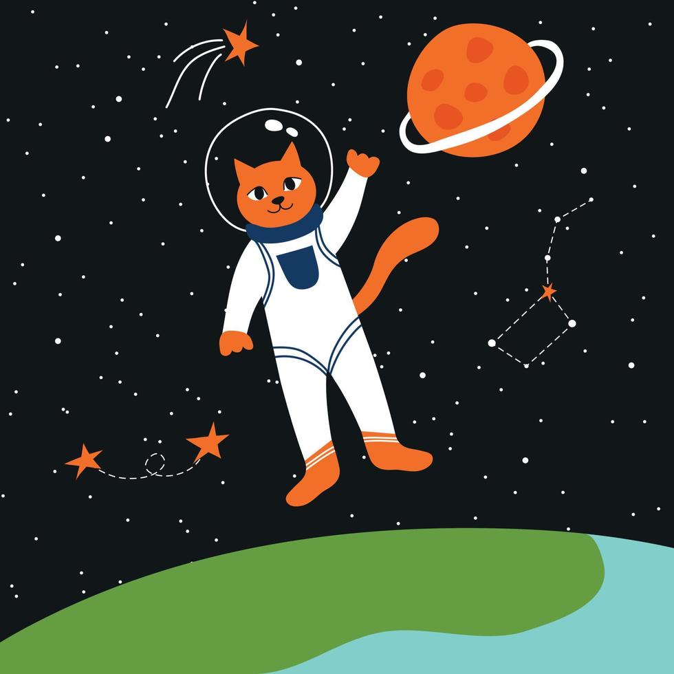 Cartoon colorful character cosmonaut, asteroid, comet and space object vector flat illustration. Cat astronaut on planets and stars isolated on background. Print for children.