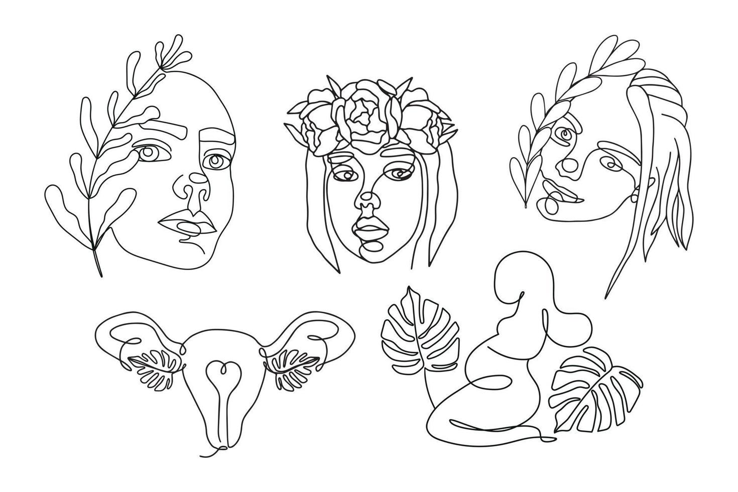 conjunto de caras femeninas de arte de línea continua con hojas y flores. órgano del útero, naturaleza femenina. mujer embarazada con hojas de monstera. para imprimir en camisetas. vector