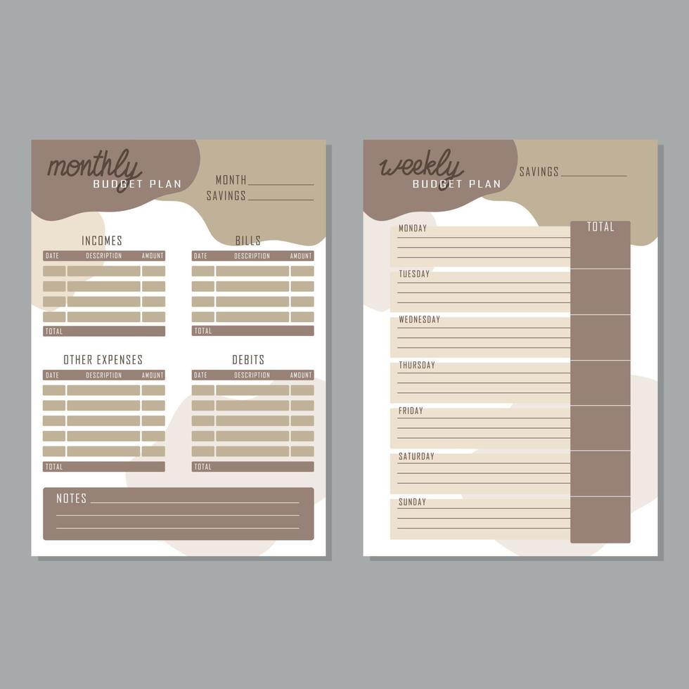 Monthly and weekly budget planner. Finance planner template with brown abstract details. Vector illustration.