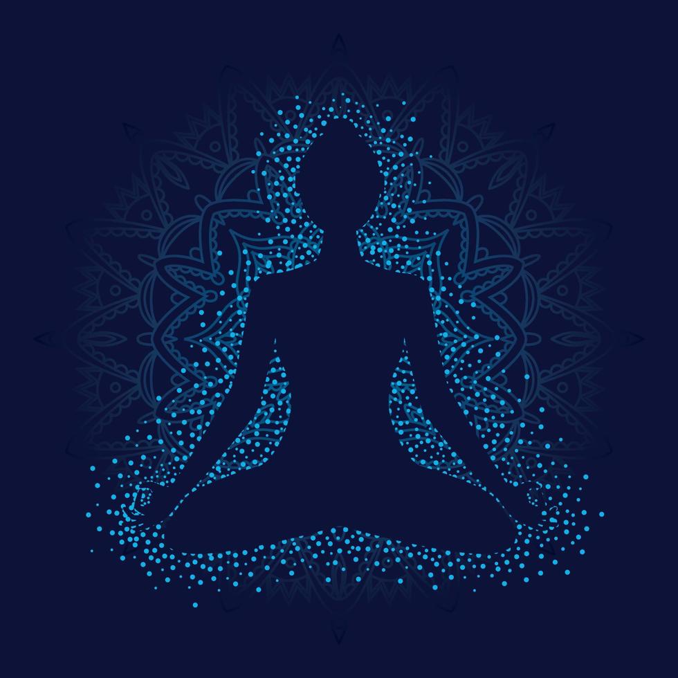 Girl in lotus position on blue background with mandala. vector