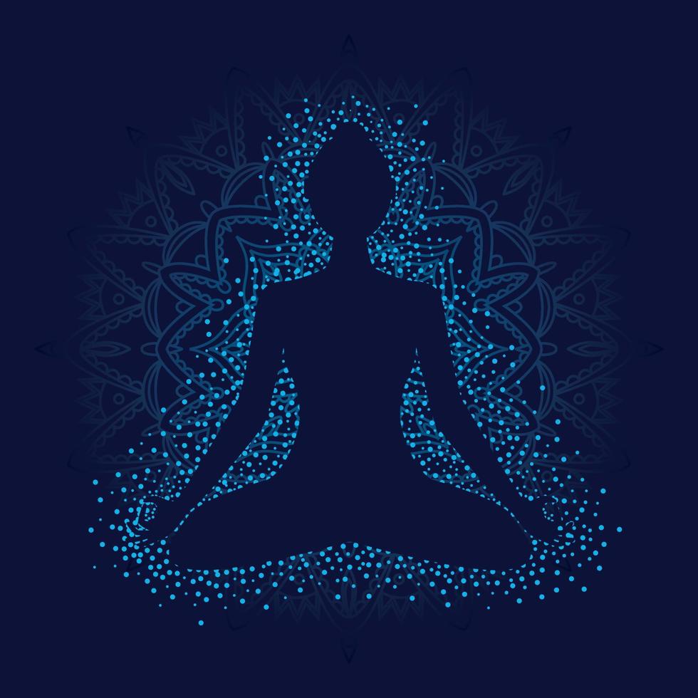 Girl in lotus position on blue background with mandala. vector