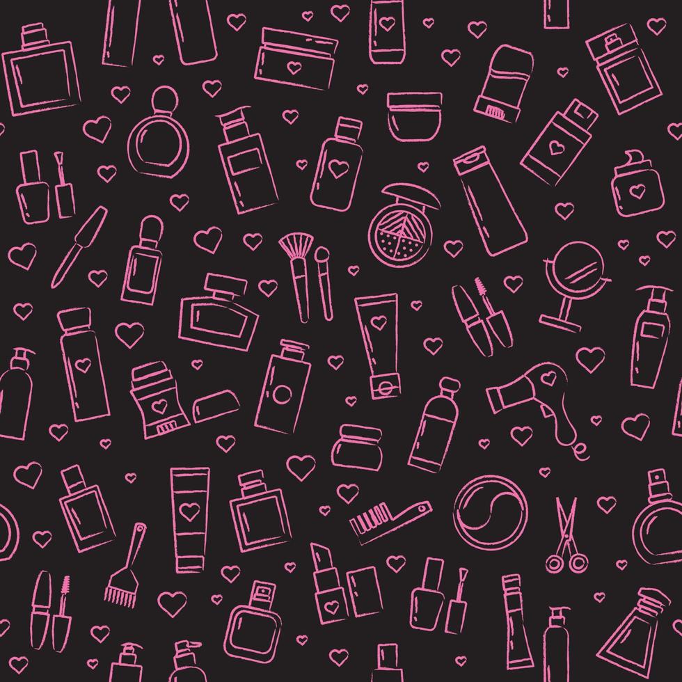 Seamless pattern with cosmetics, perfume, mirror, lipstick, mascara. vector