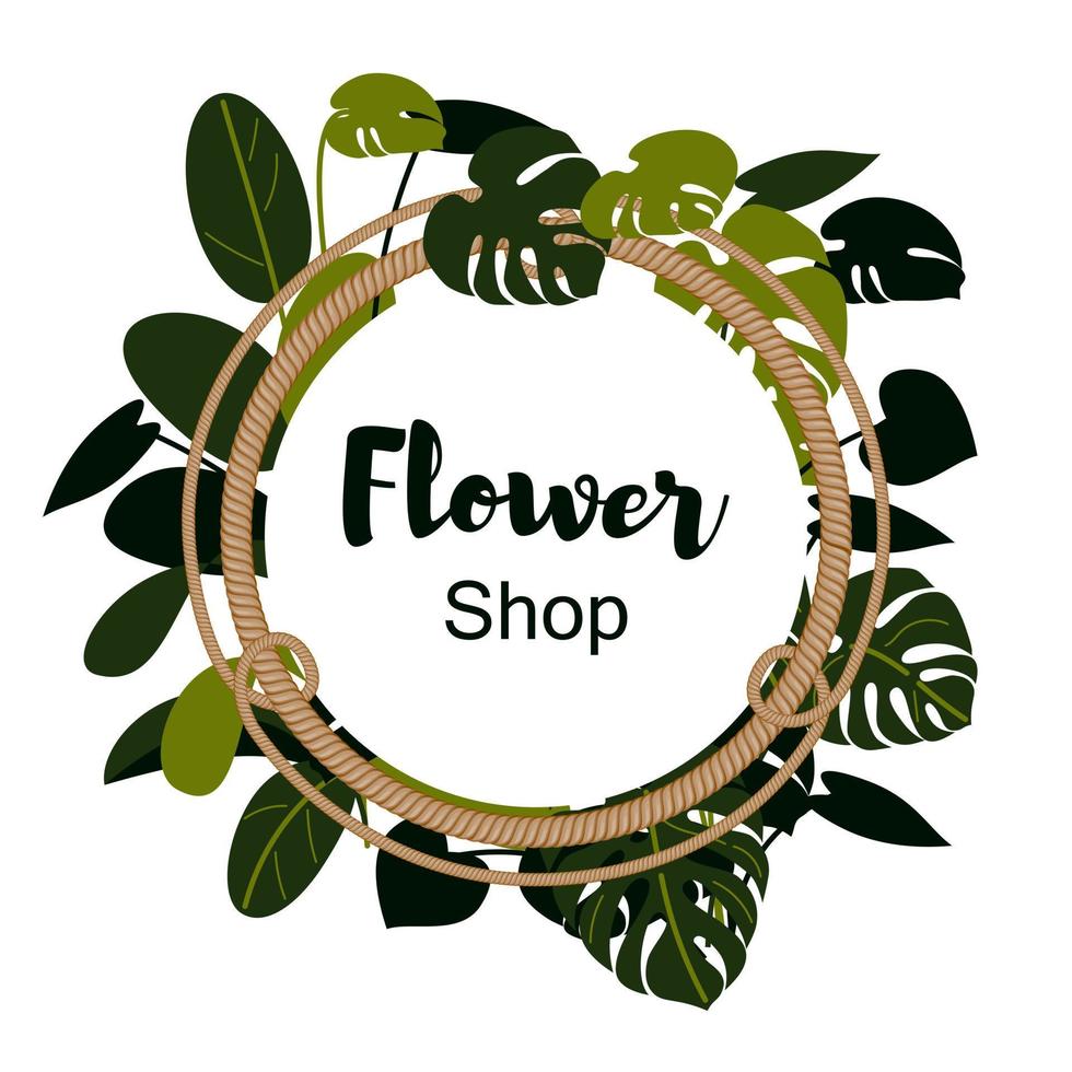 Flower shop design with rope frame. Vector illustration. Floral label.