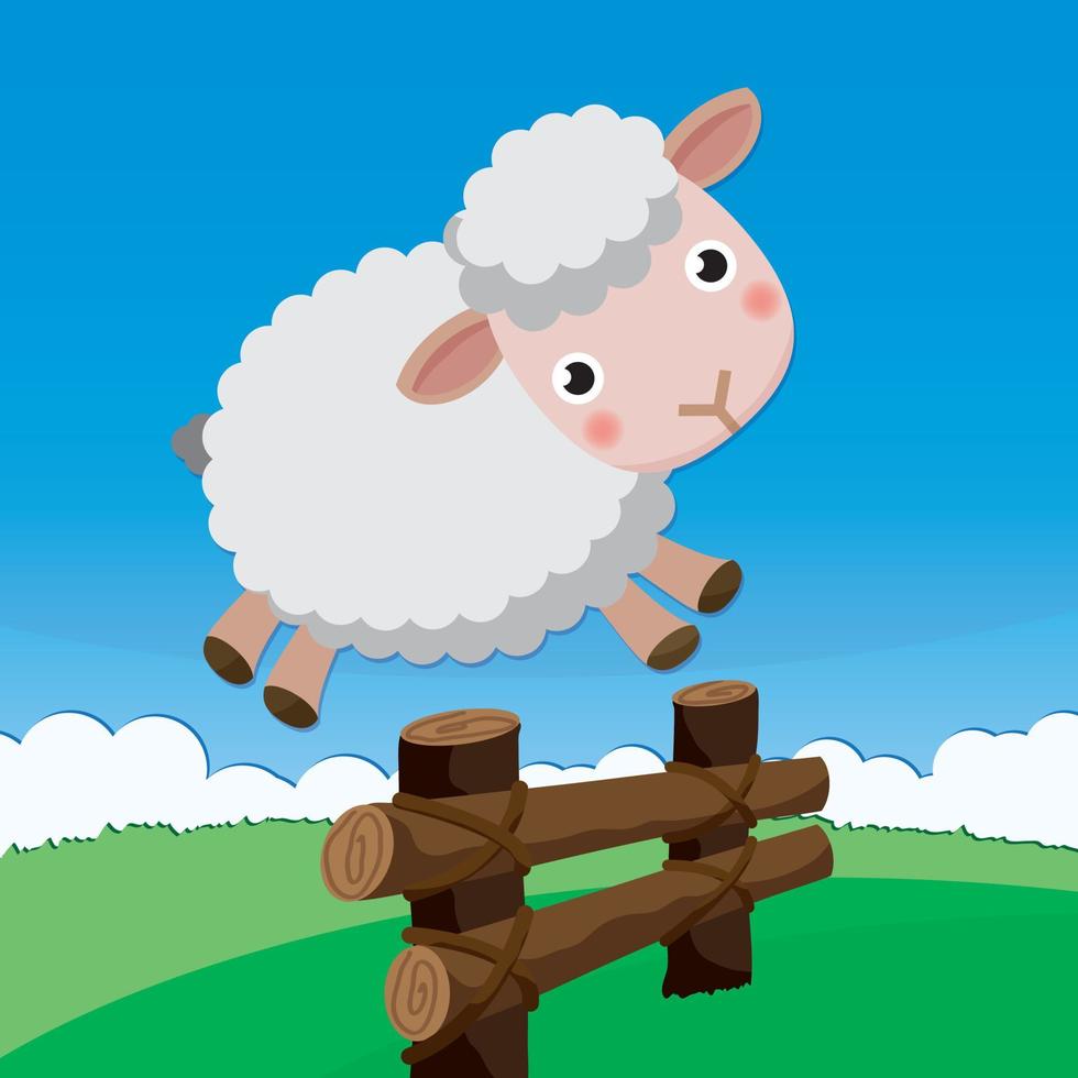 linda oveja blanca saltando sobre la cerca vector