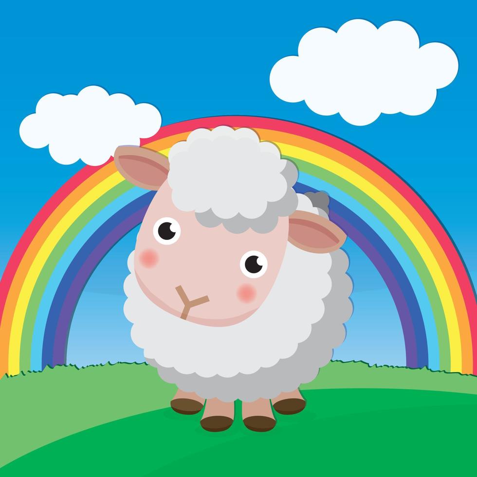 Cute White Sheep Standing With Rainbow vector