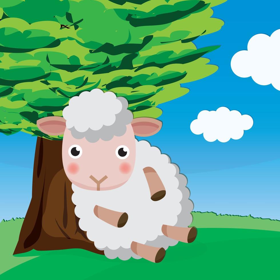 Cute White Sheep Lying Down Under The Tree vector