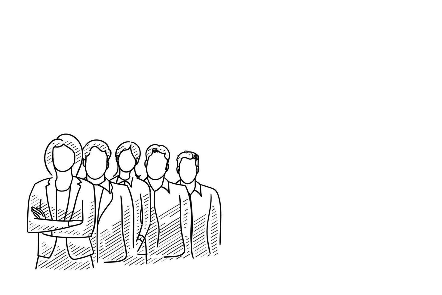 Group of business people stand together. Hand drawn character vector illustration.