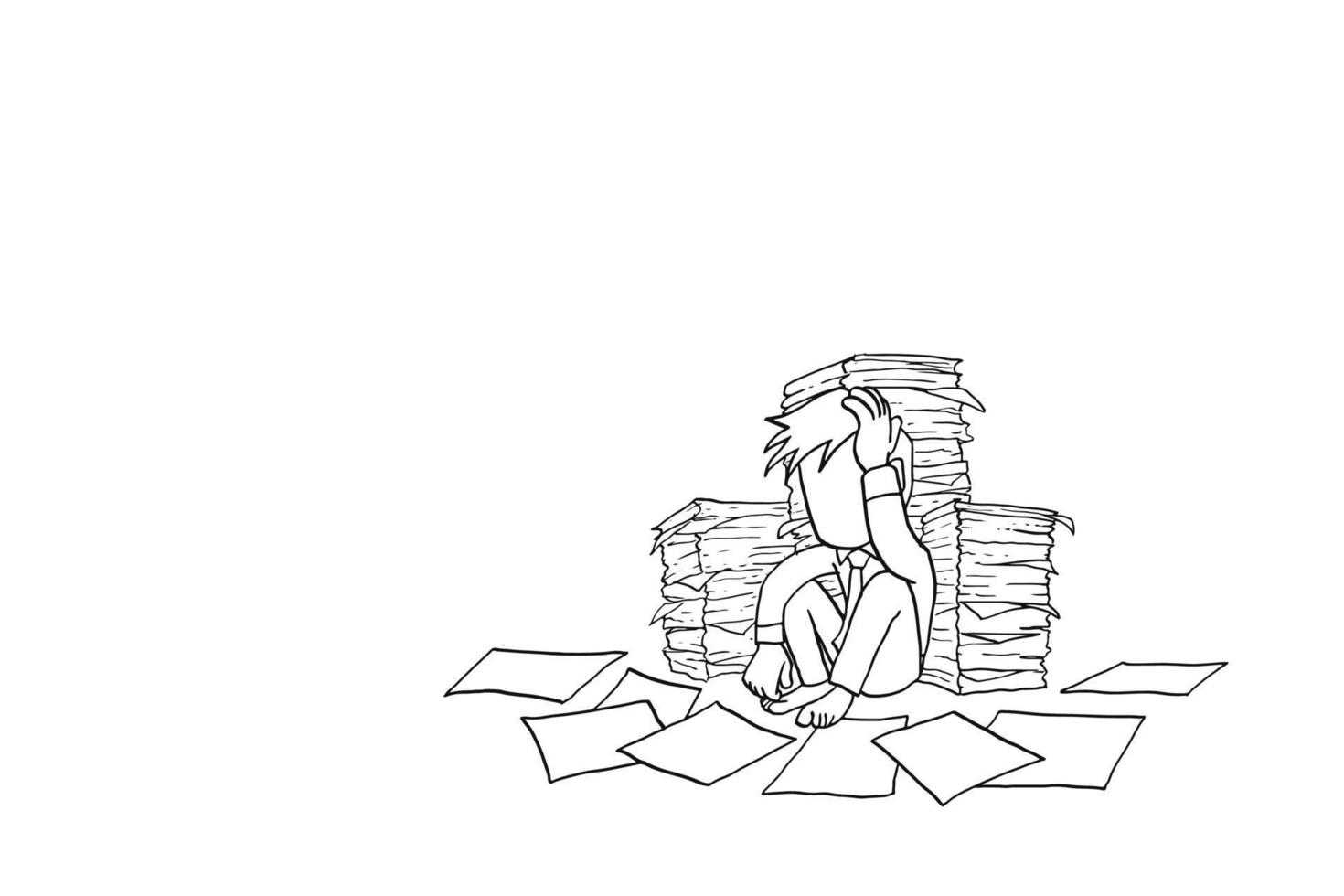 trabajador sentado en el suelo detrás de un montón de documentos sintiéndose estresado y agotado. diseño de ilustración vectorial de dibujos animados vector