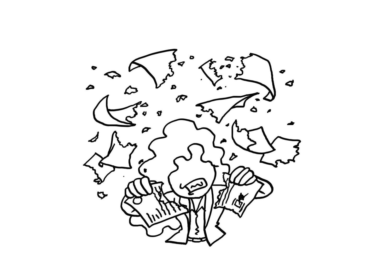 Angry female worker ripping out paper. Stress at work concept. Cartoon vector illustration design