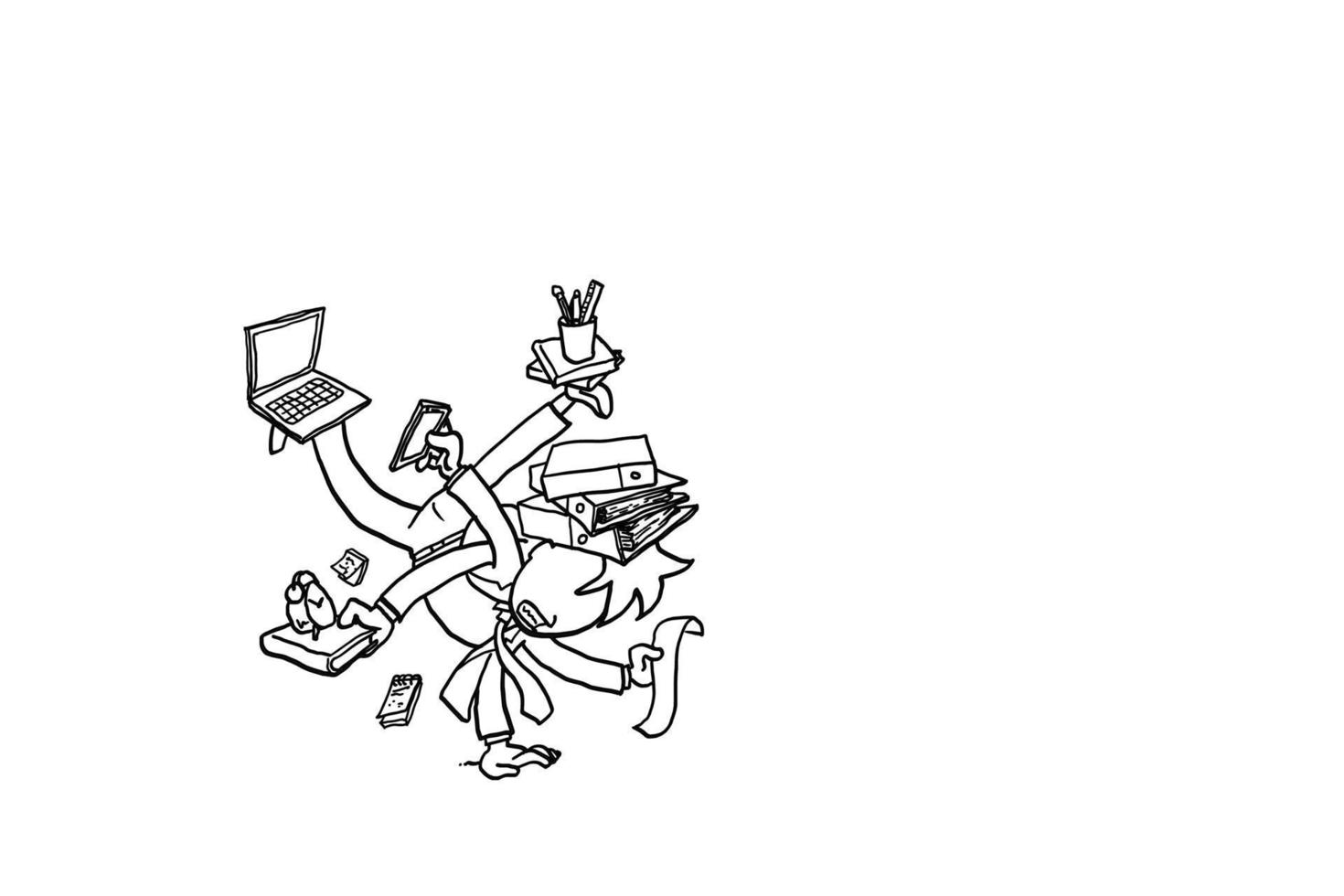 Young businessman manage everything. Multi tasking while facing deadline. Cartoon vector illustration design