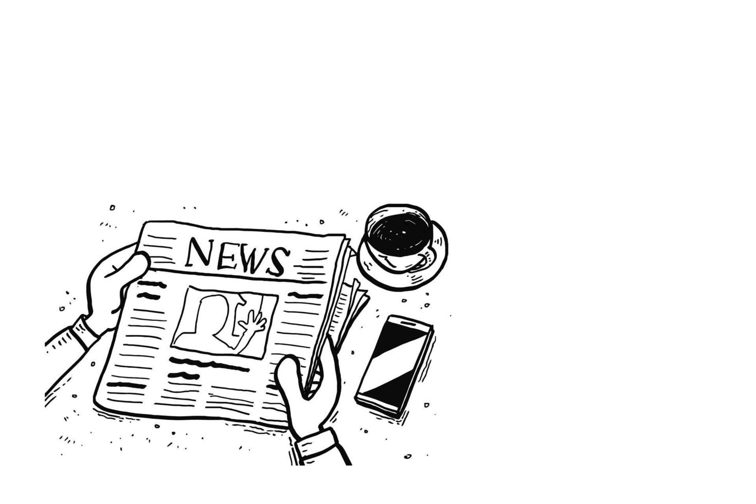 Reading newspapers on office desk. Cartoon vector illustration design