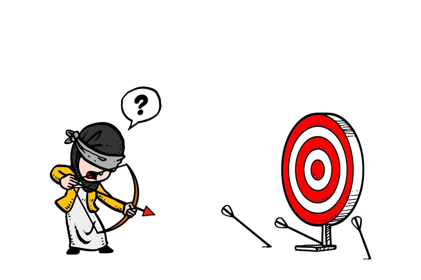 Stressed muslim sales woman try to shoot unclear target. Concept of goal setting failure. Cartoon vector illustration design.