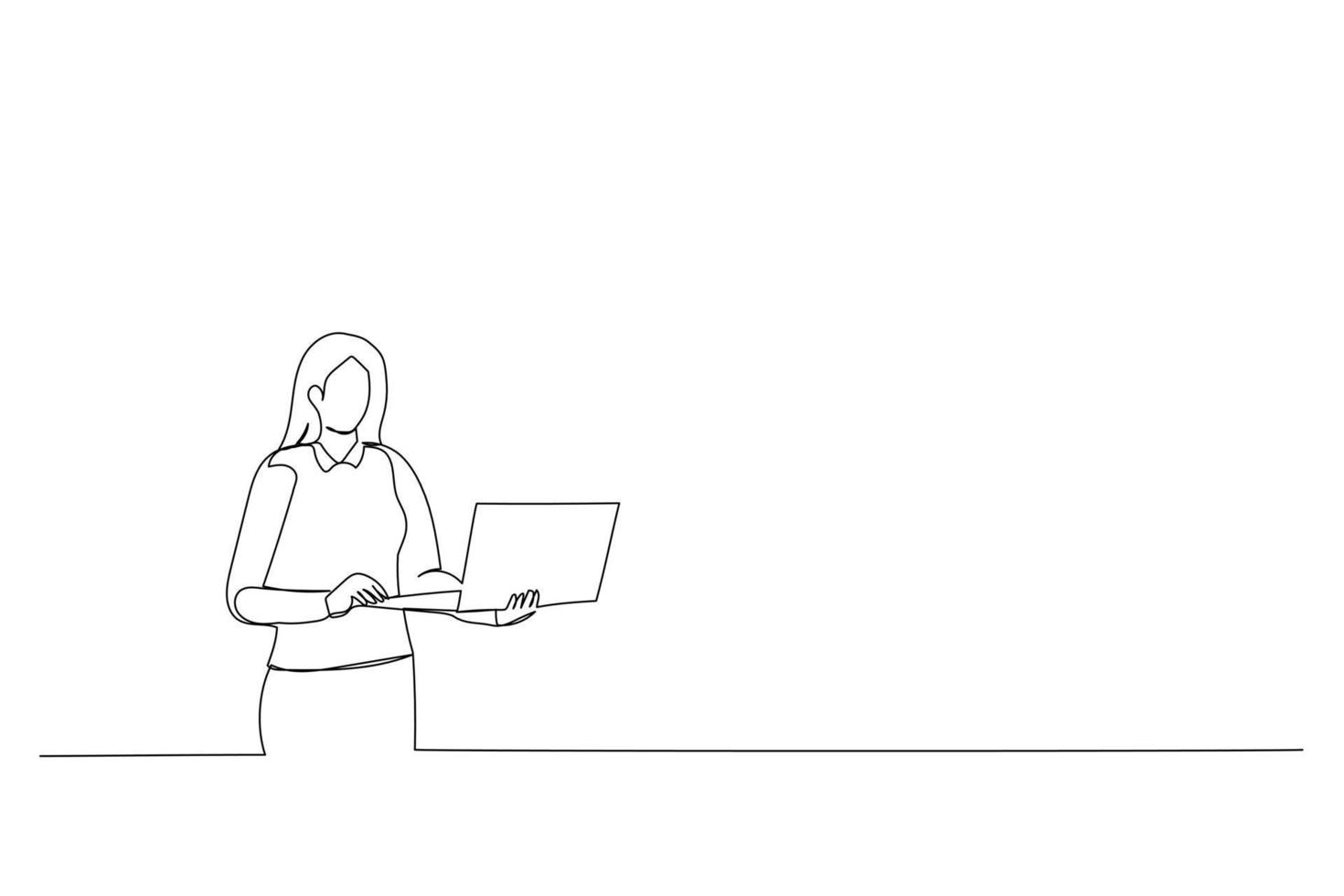 Cartoon of young businesswoman wearing eyeglasses holding laptop in the office. continuous line art vector