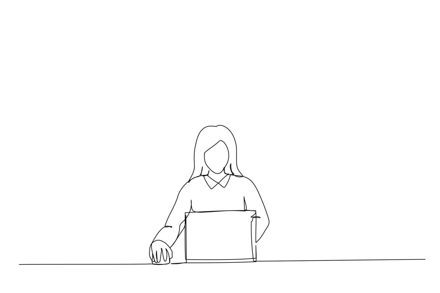 Drawing of Successful Businesswoman Sitting at Her Desk Working on Laptop Computer in Office. Confident Social Media Strategy Manager Plan Disruptive e-Commerce Campaign single line art style vector