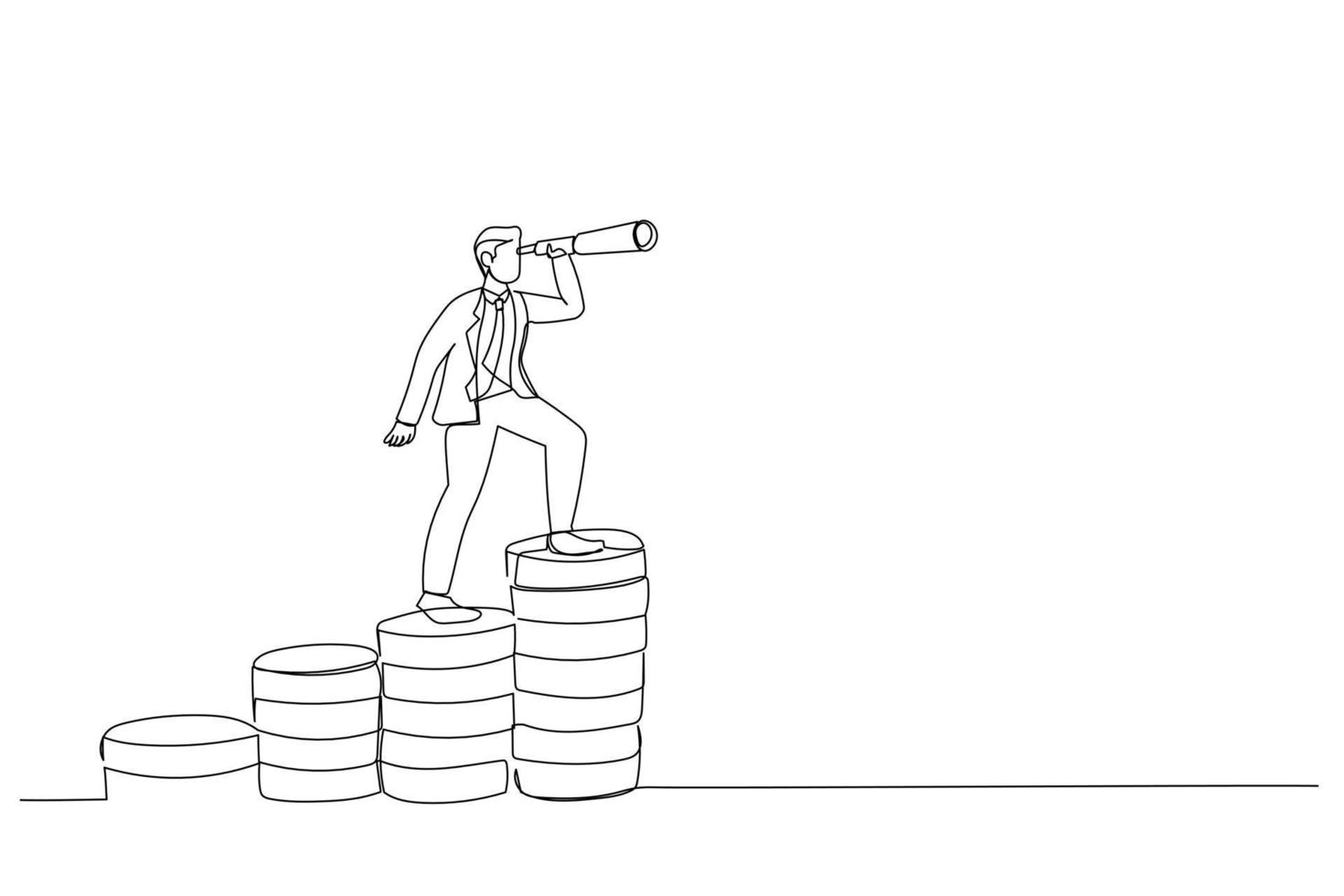 Cartoon of businessman leader on raising money stack using telescope or spyglass looking forward for business opportunity. Economic forecast concept. Continuous line art style vector