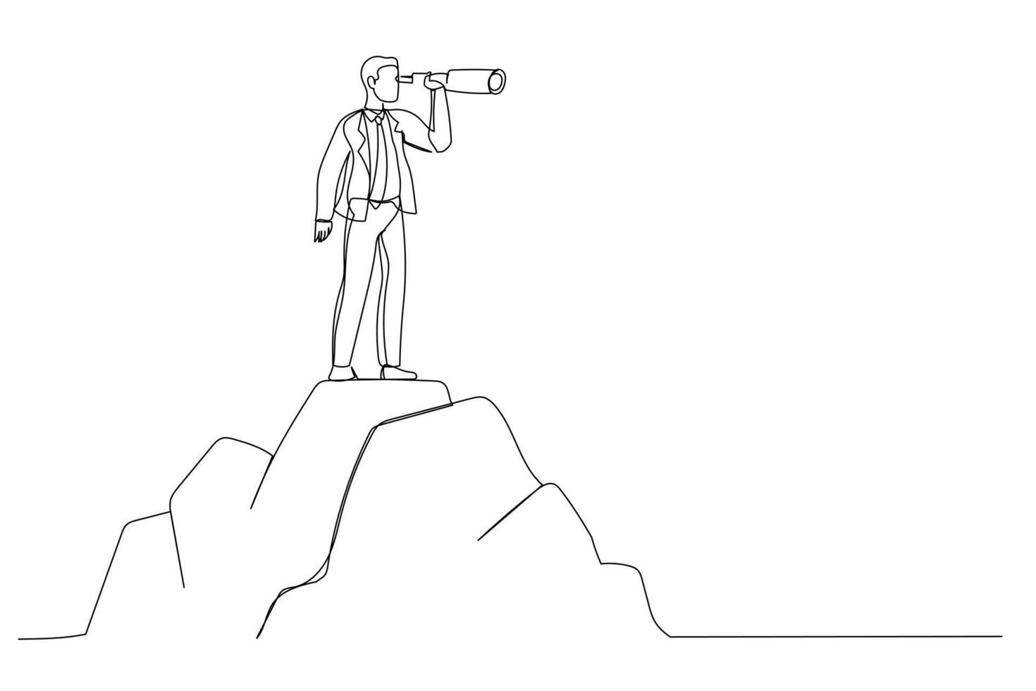 Cartoon of man standing on top of mountain, Looking of success. Business finance, leadership, business Startup. Single continuous line art style vector