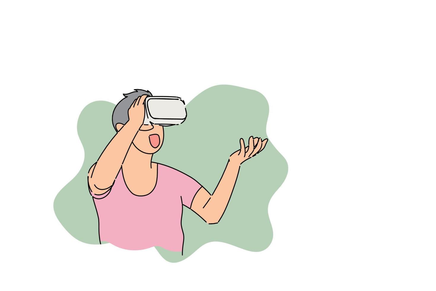 Man amazed seeing beatuful scenery in VR world. Flat vector illustration design