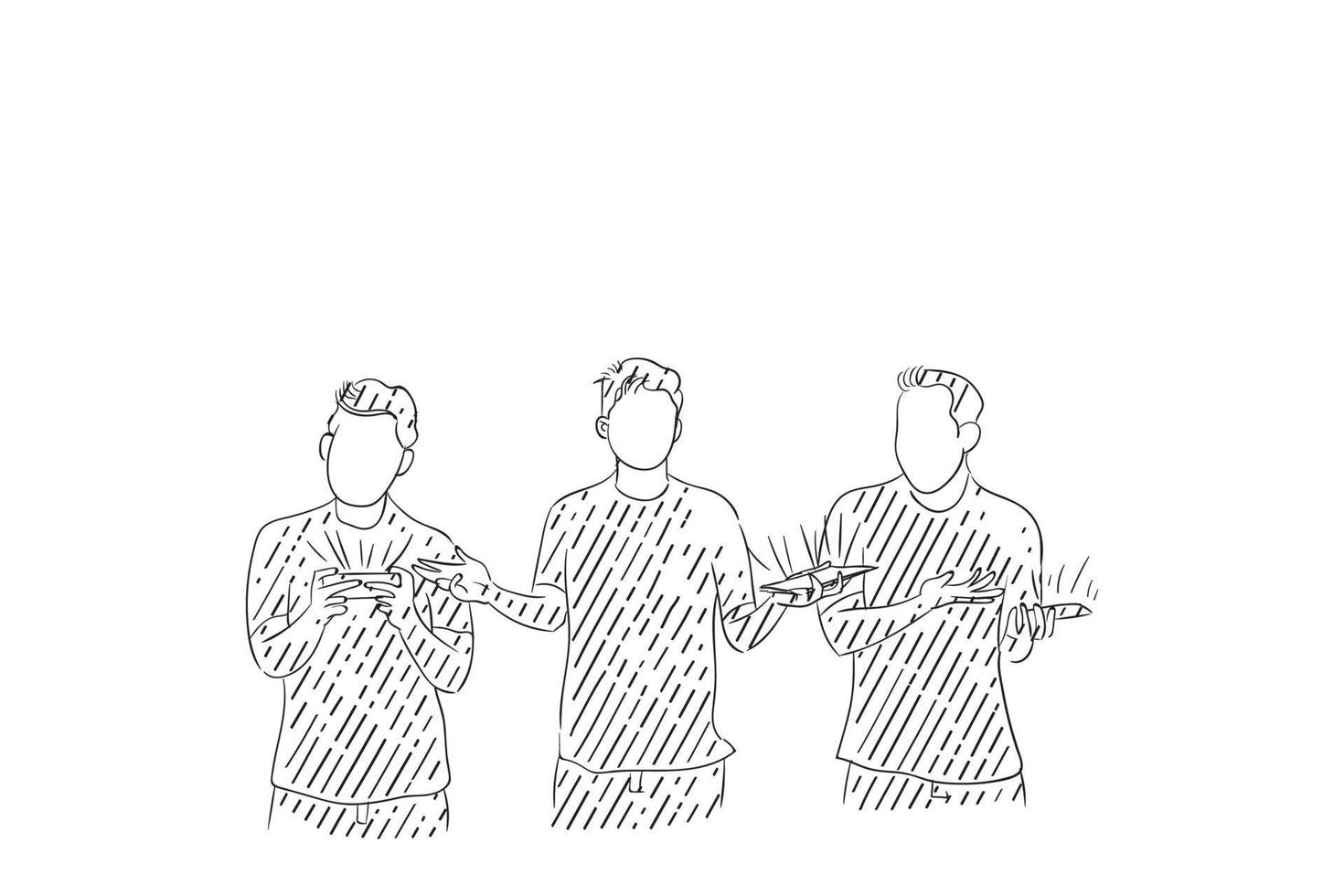 Sketch of three male friend playing smartphone together. Vector illustration design