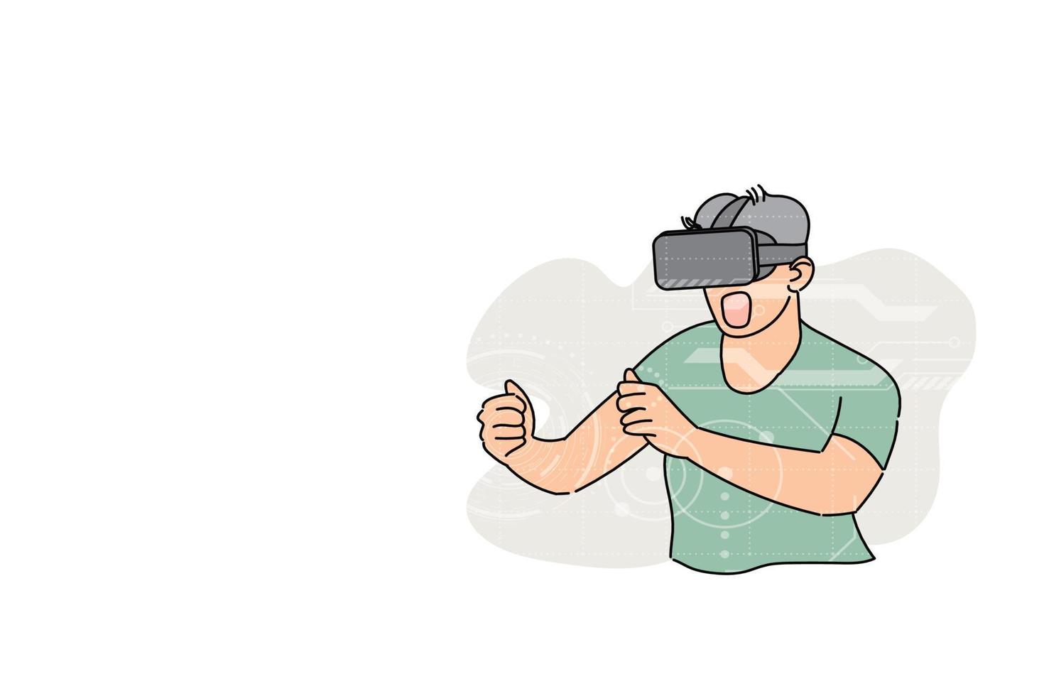 Young man playing VR game. Player holding something in virtual world. Vector illustration design