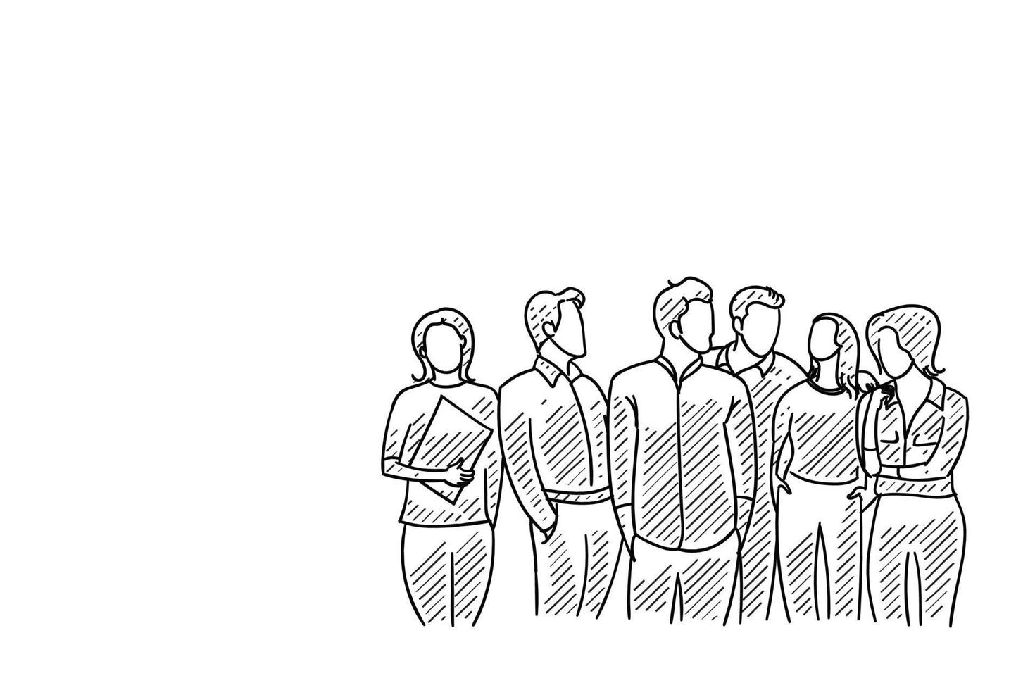esbozo de empresarios, hombres y mujeres, de una empresa nueva que se une. diseño de ilustración de personajes dibujados a mano. vector