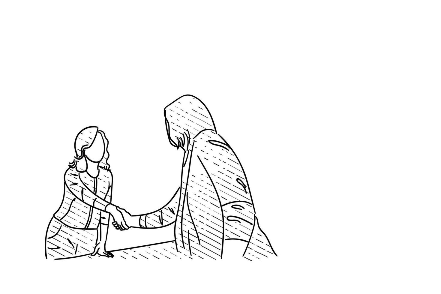Greeting new colleague with firm handshake. Business woman meeting concept. Hand drawn vector illustration design
