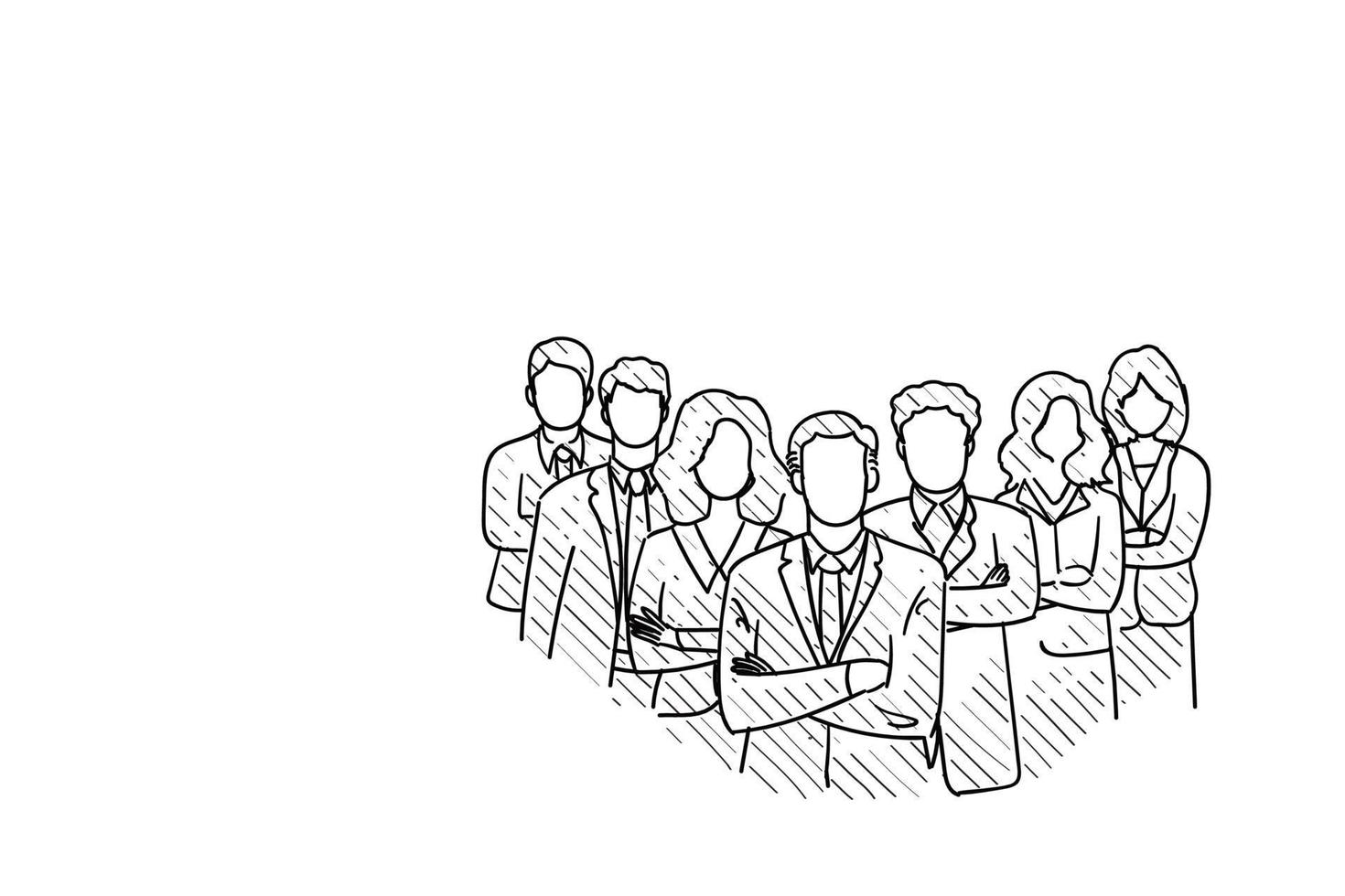 confident business people stand together as a team. hand drawn sketch vector illustration design.