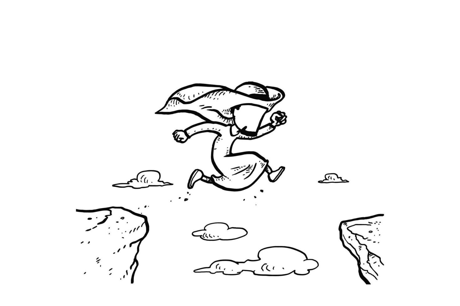 Arab business man jump through the gap between hill. Man jump over cliff. Cartoon vector illustration design