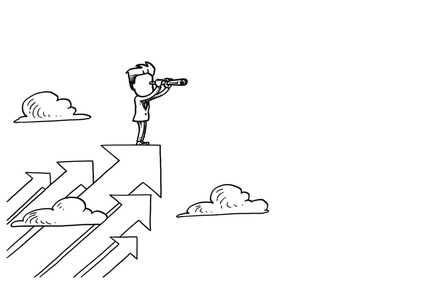 Businessman on upward arrow using telescope looking for opportunity. Concept of vision, mission, objective and goal. Cartoon vector illustration design