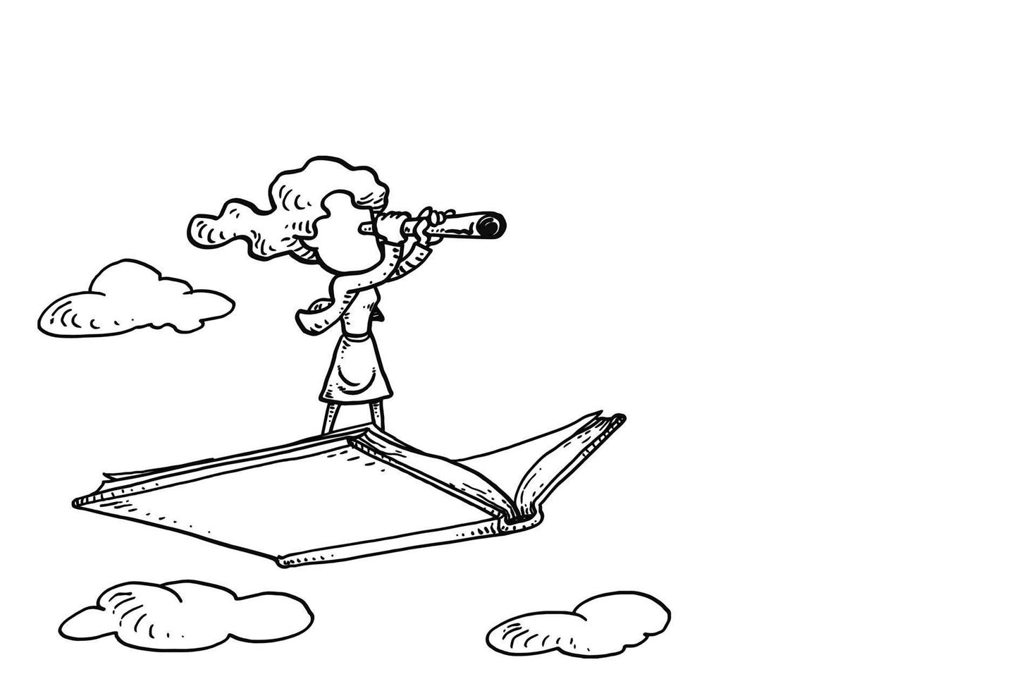 Business woman on flying book using telescope. Concept of vision, mission, objective and goal. Hand drawn vector illustration design