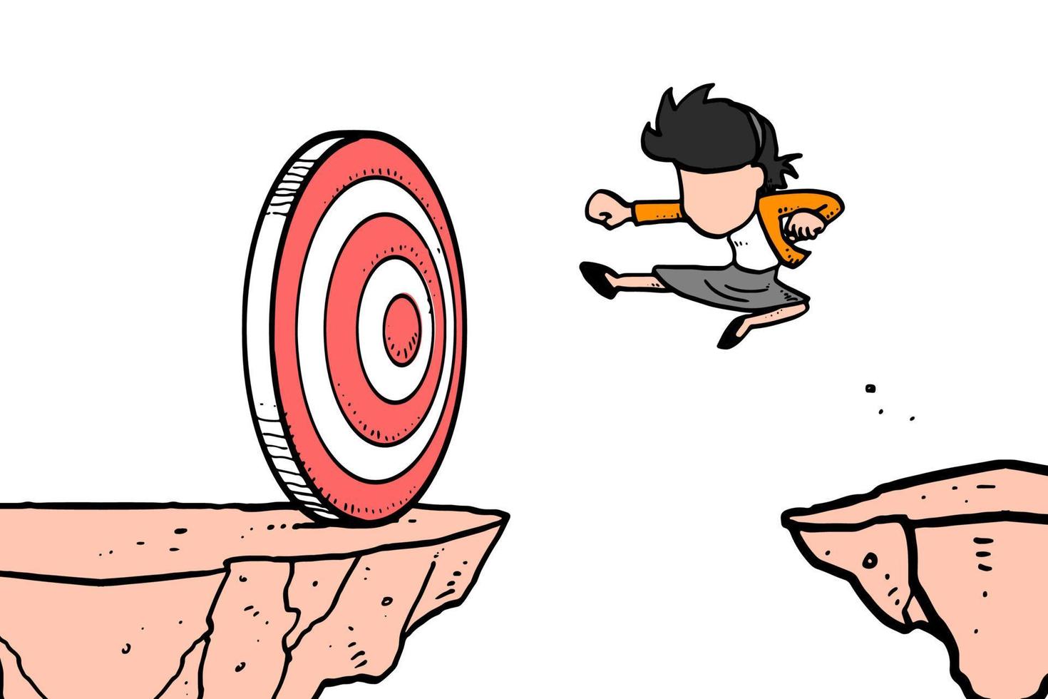 Female leader taking risk kicking the target on the cliff. Cartoon vector illustration design on isolated background
