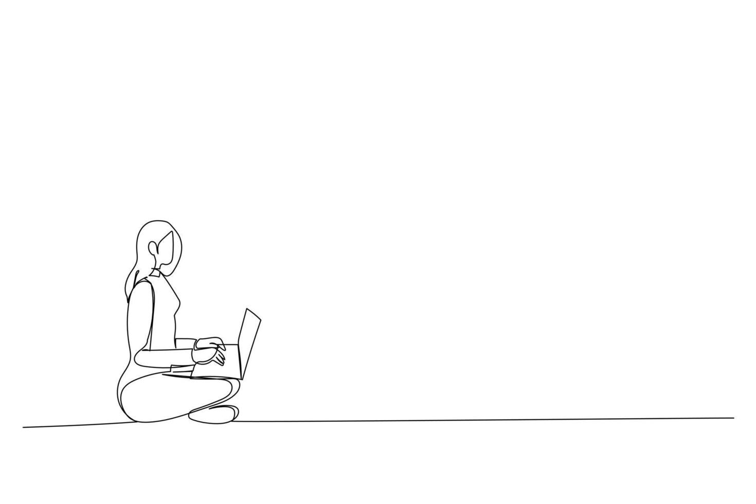 Drawing of Asian woman in yellow blouse using laptop computer notebook, looking at screen, seated on floor. single line art style vector