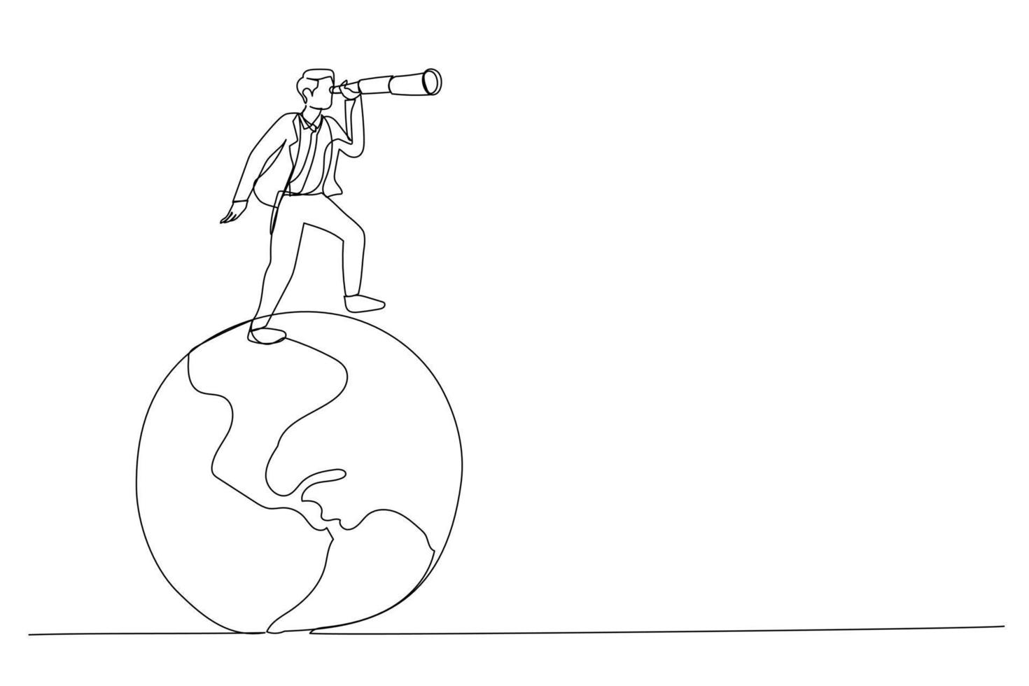 Illustration of businessman standing on planet earth globe using telescope search new opportunity. Globalization, global business vision. One line art style vector