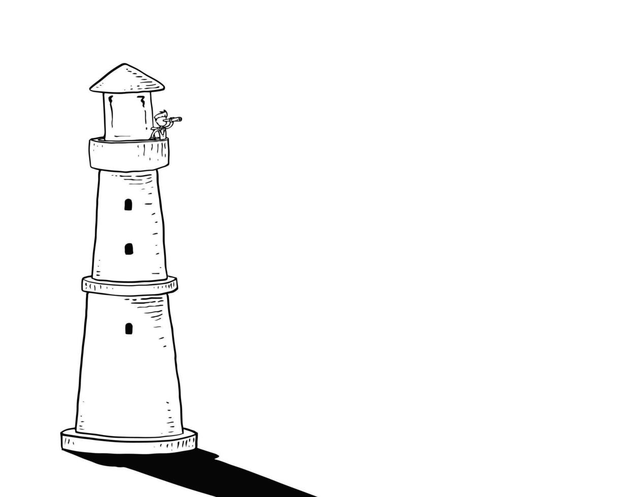 Businessman on lighthouse using telescope. Visionary leader concept. Cartoon vector illustration design