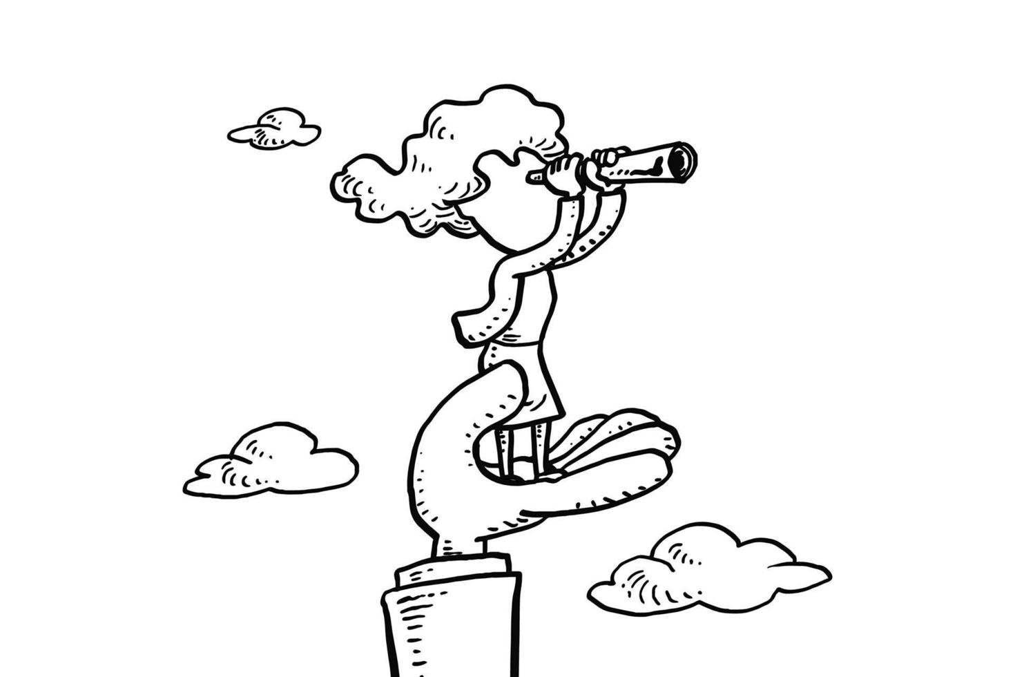 Female worker looking for new career opportunities. Businesswoman using telescope standing on giant supporting hand. Cartoon vector illustration design