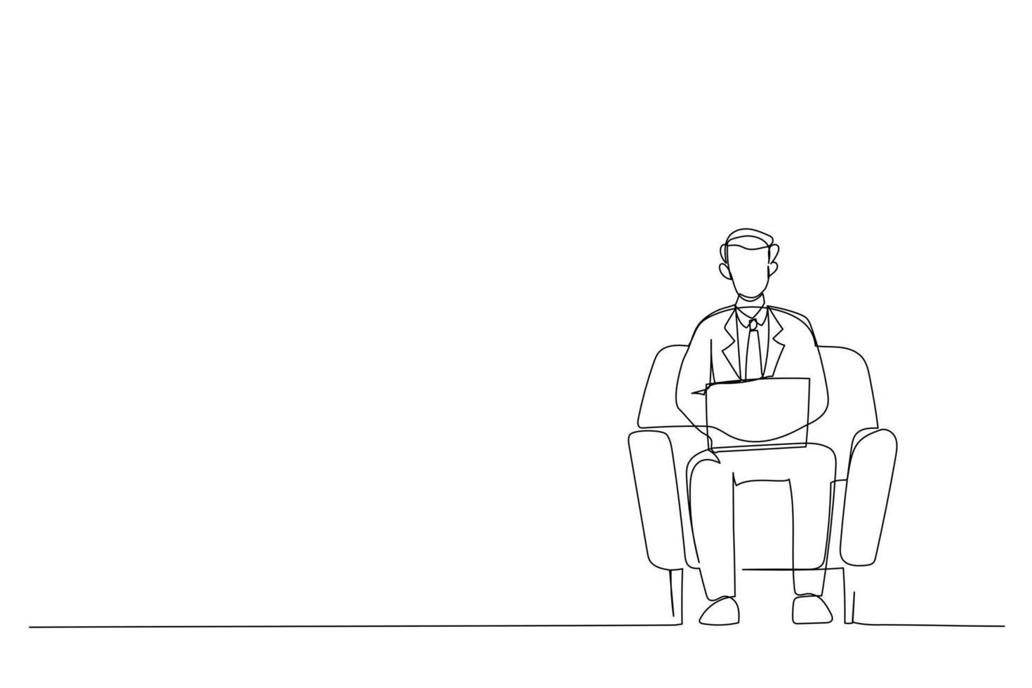 Single line drawing of male business man working online, sitting in armchair and using laptop wall. man surfing internet, watching webinar on notebook vector