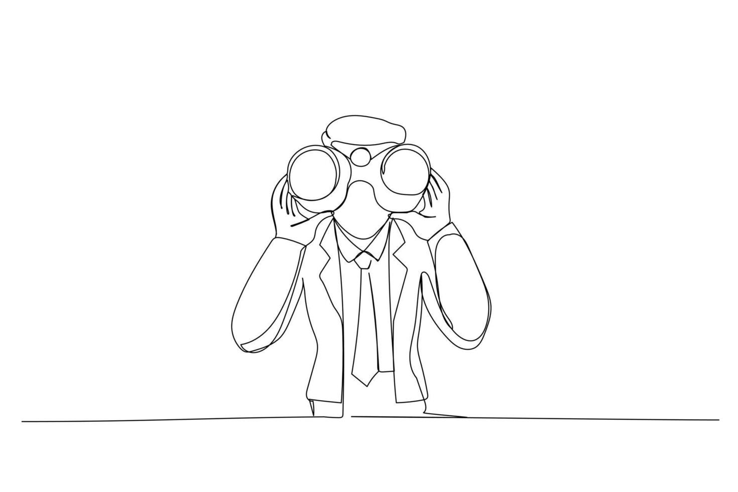 Drawing of young man using binoculars. Single line art style vector