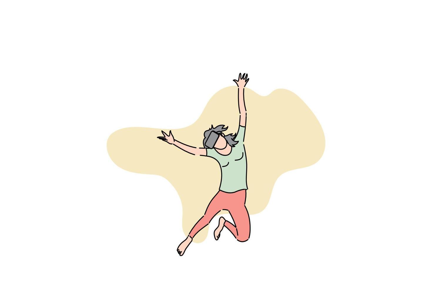 mujer joven feliz saltando con dispositivo vr. ilustración de diseño plano vector
