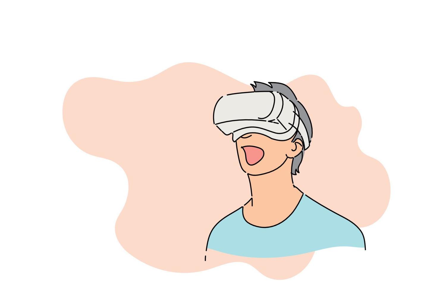 Young man amazed and dumbfounded with something in VR world. Flat vector illustration design