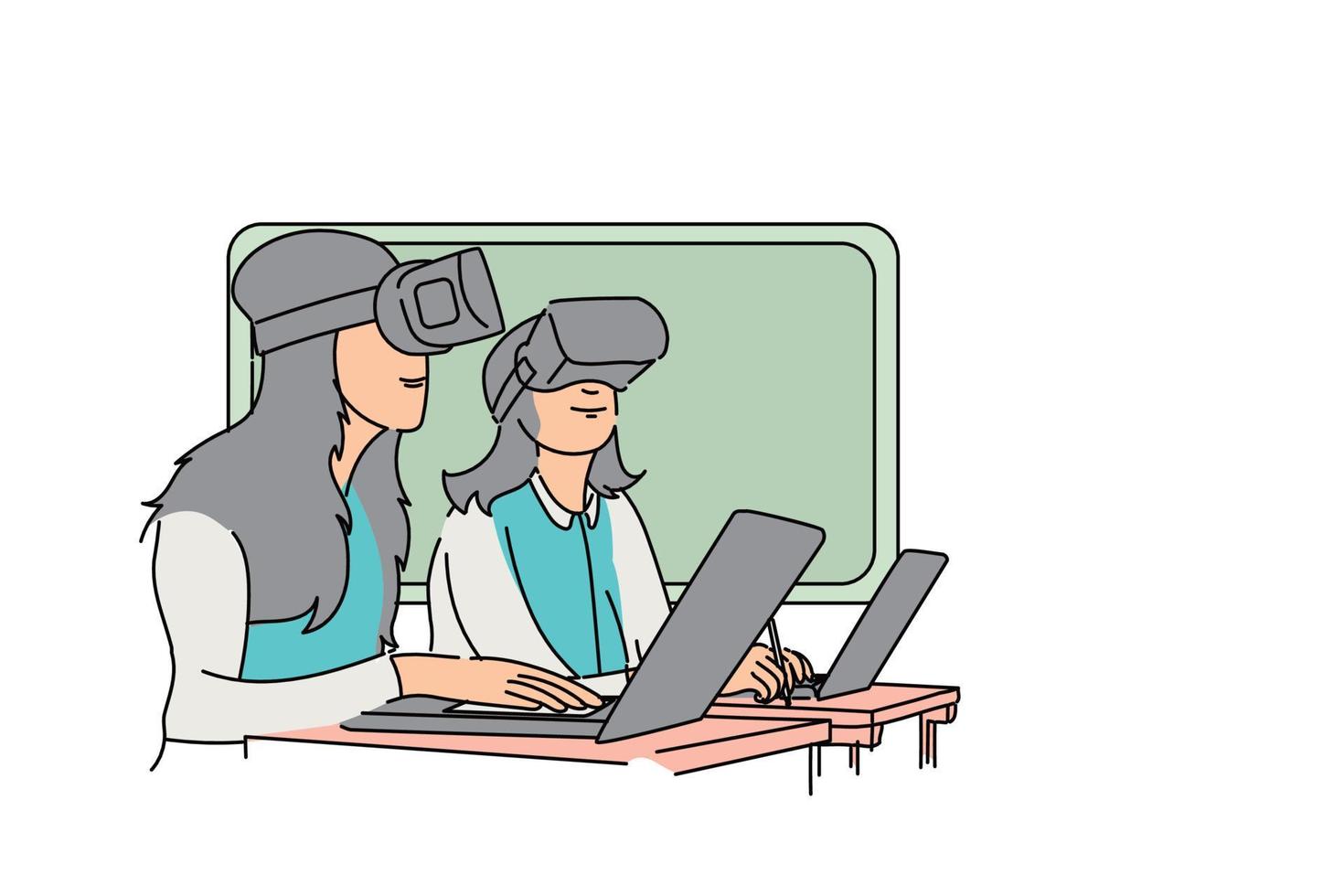 Two female students having class in VR world. Flat vector illustration design