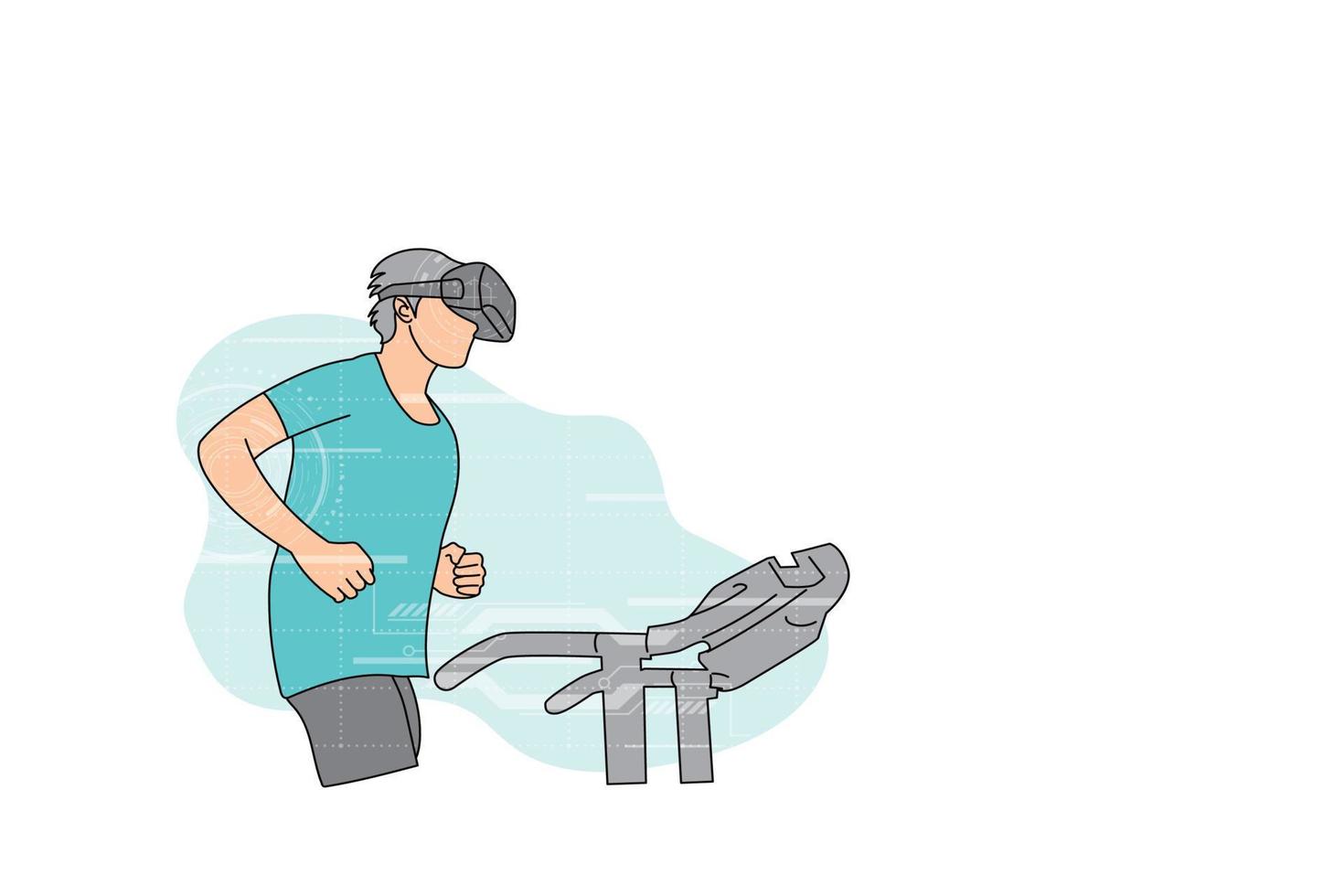 joven enérgico corriendo en una caminadora mientras usa vr. diseño de ilustración vectorial vector