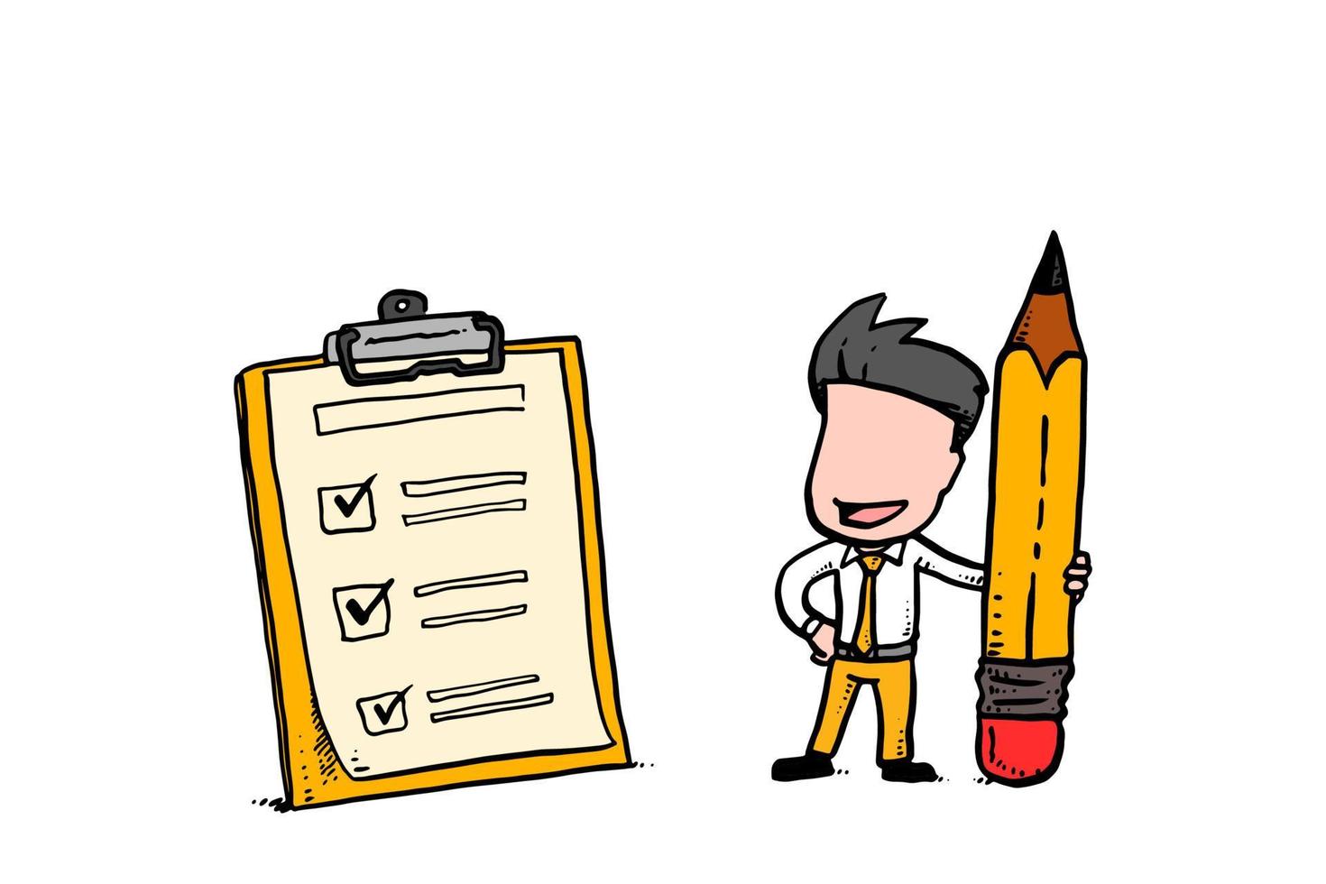 Accomplished businessman holding a pencil after finishing task. Checklist on clipboard. Cartoon vector illustration design