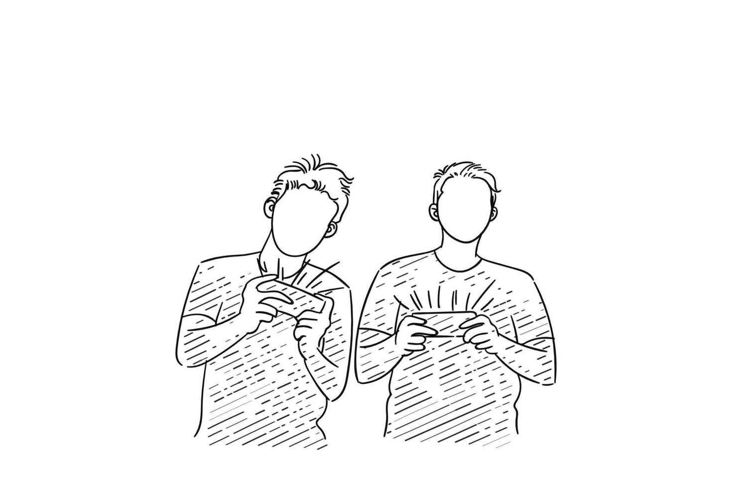 Illustration of two male friend playing game in hard mode difficulties. Concept of mobile gaming and togetherness. Vector illustration design